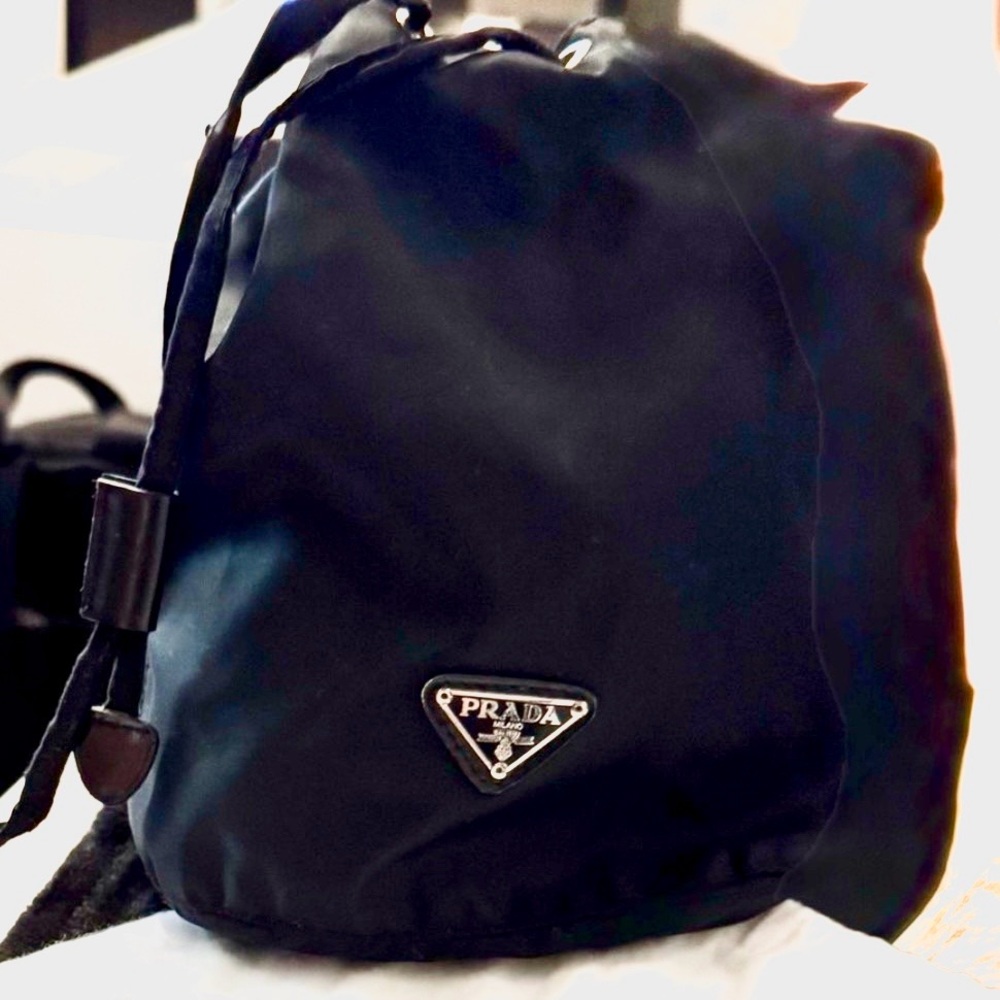 Prada Black Nylon Drawstring Backpack with Logo Plaque
